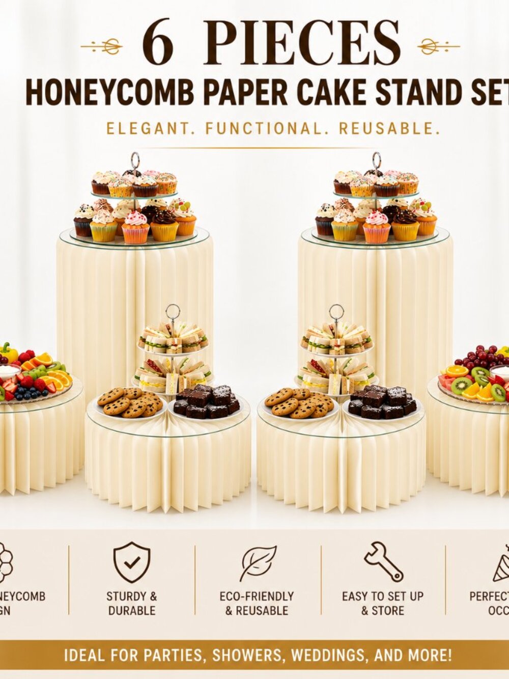 Cream White Foldable Buffet Risers 6PC Round Dessert Cake Stands 11.8in Dia.